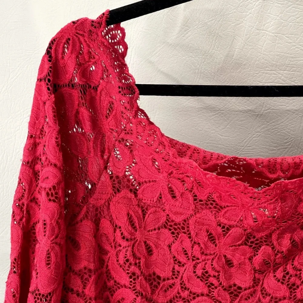ACEVOG size XL red lace off shoulder midi dress lined with stretch 3/4 sleeve - Picture 2 of 14